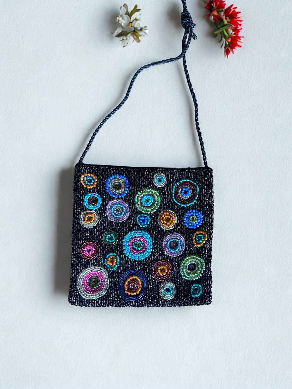 Beaded Black Crossbody Bag with Multicolor Circle Accents